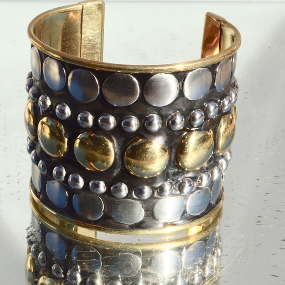 Biker Cuff Silver Brass Wide Bracelet Stud Studded - Picture 3 of 8